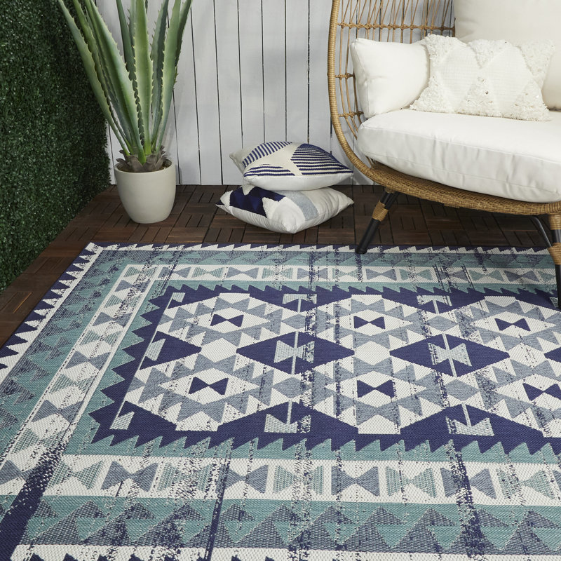 Union Rustic Pranav Flatweave Navy/Teal/White Indoor/Outdoor Rug